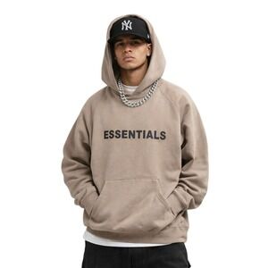 ESSENTIALS Fear of God Tan Hoodie Spellout Logo Print Kangaroo Pocket Large